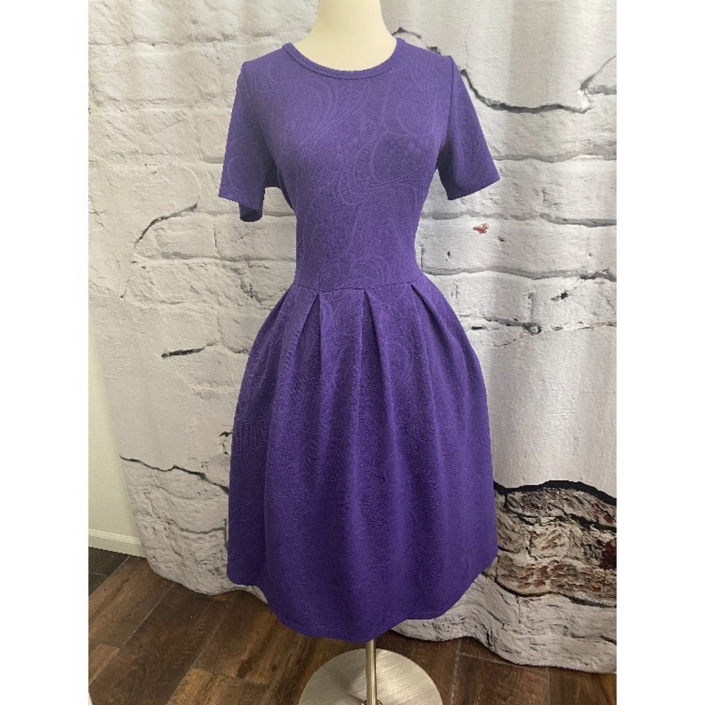Lularoe Amelia Royal Purple Embossed Swirl Print Fit & Flare Dress with Pockets - Picture 1 of 7